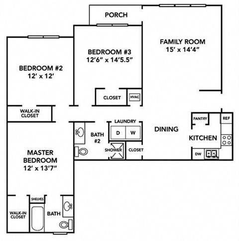 Floor plan for 3 beds, 2 baths, 1225 sqft